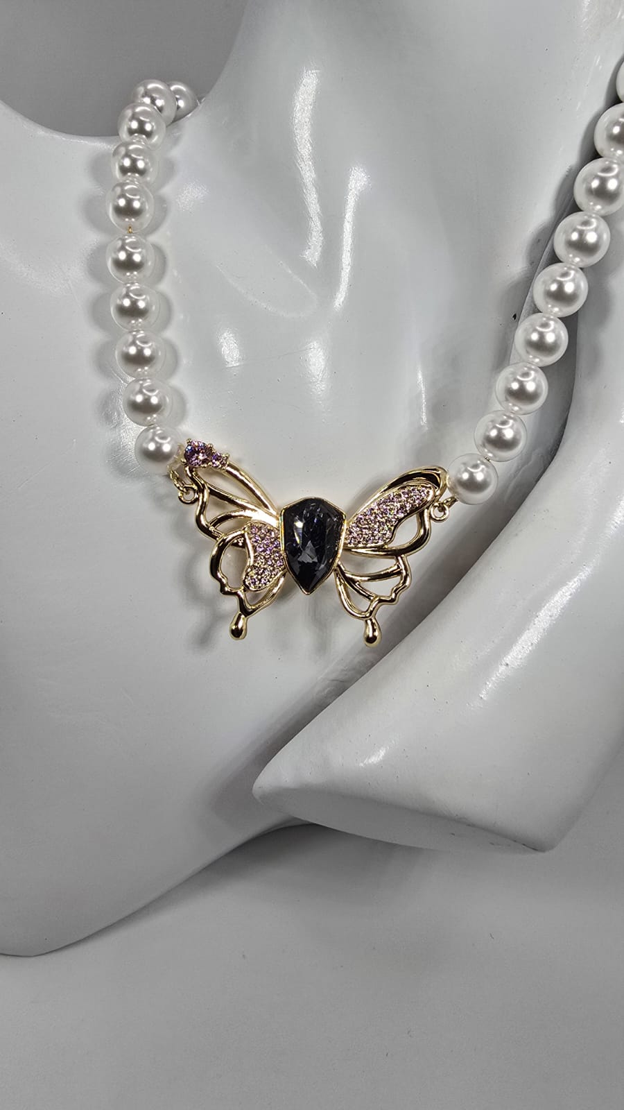 Women's Pearl Necklace w/ Gold Butterfly