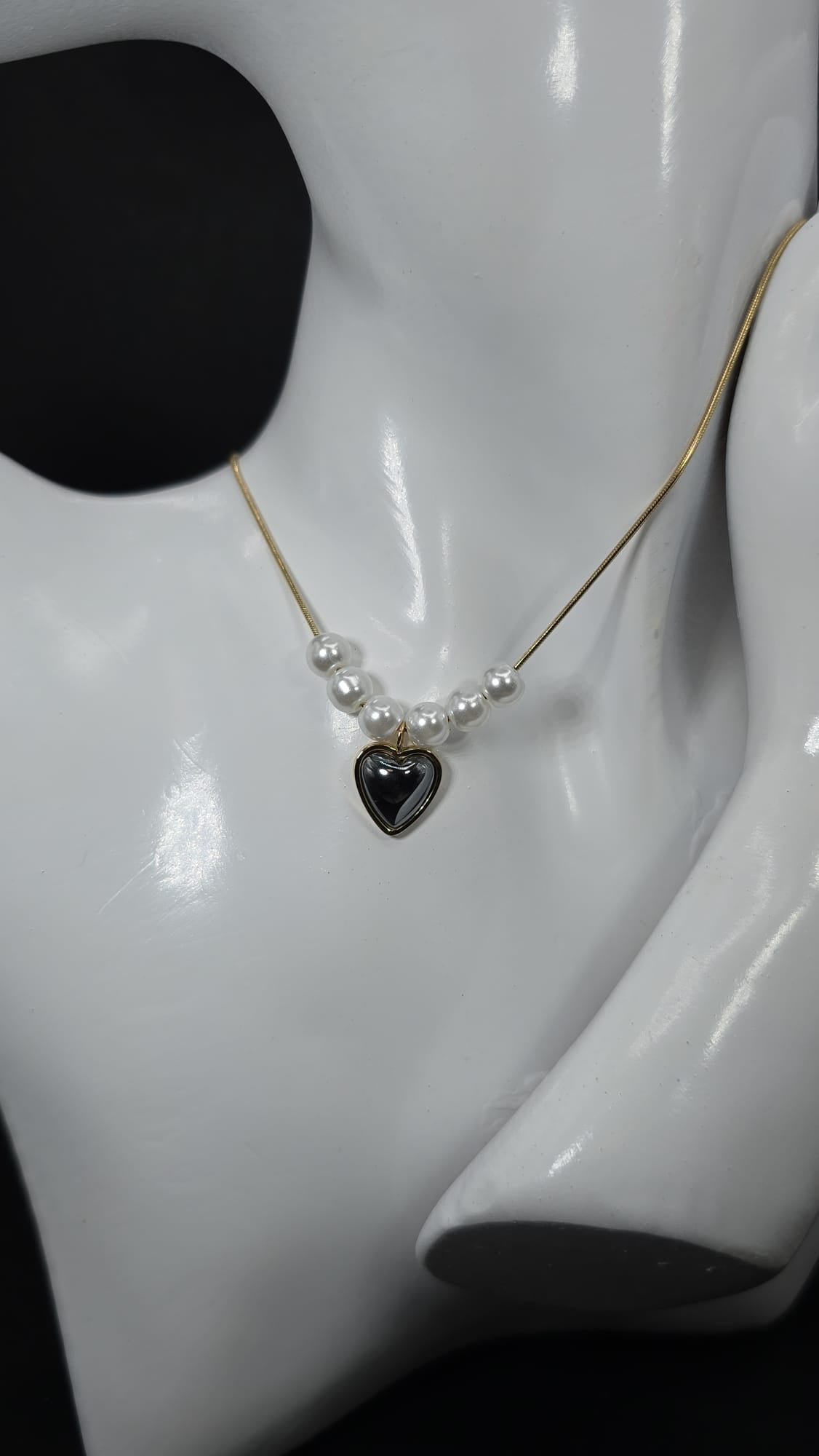 Stainless Steel Gold Necklace w/ Black Heart and Pearls