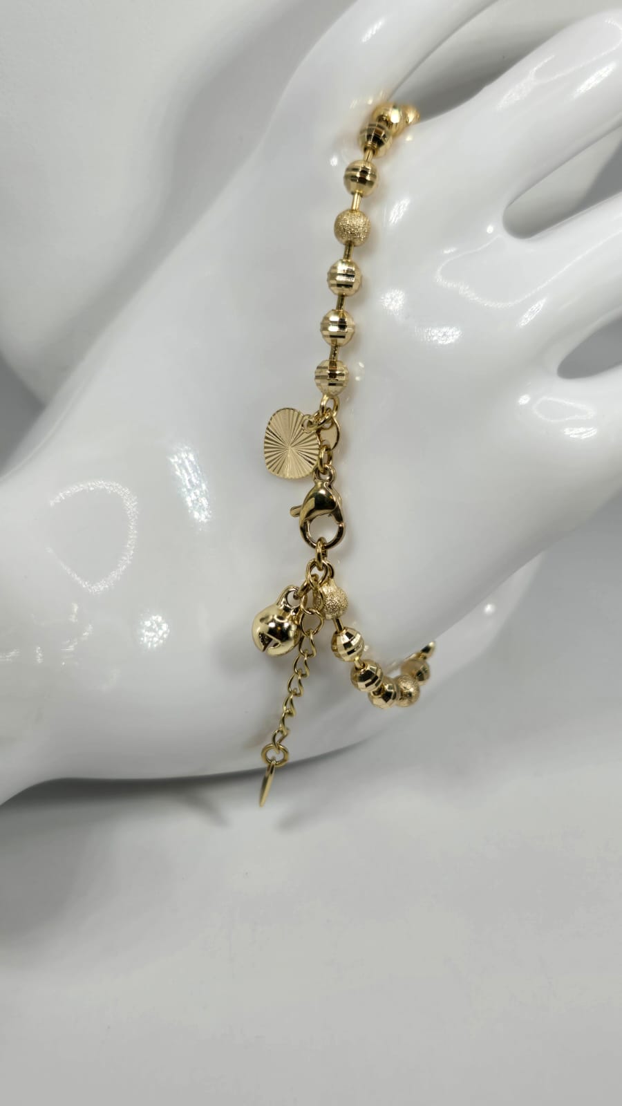 Gold Bead Bracelet w/ Heart and Bell