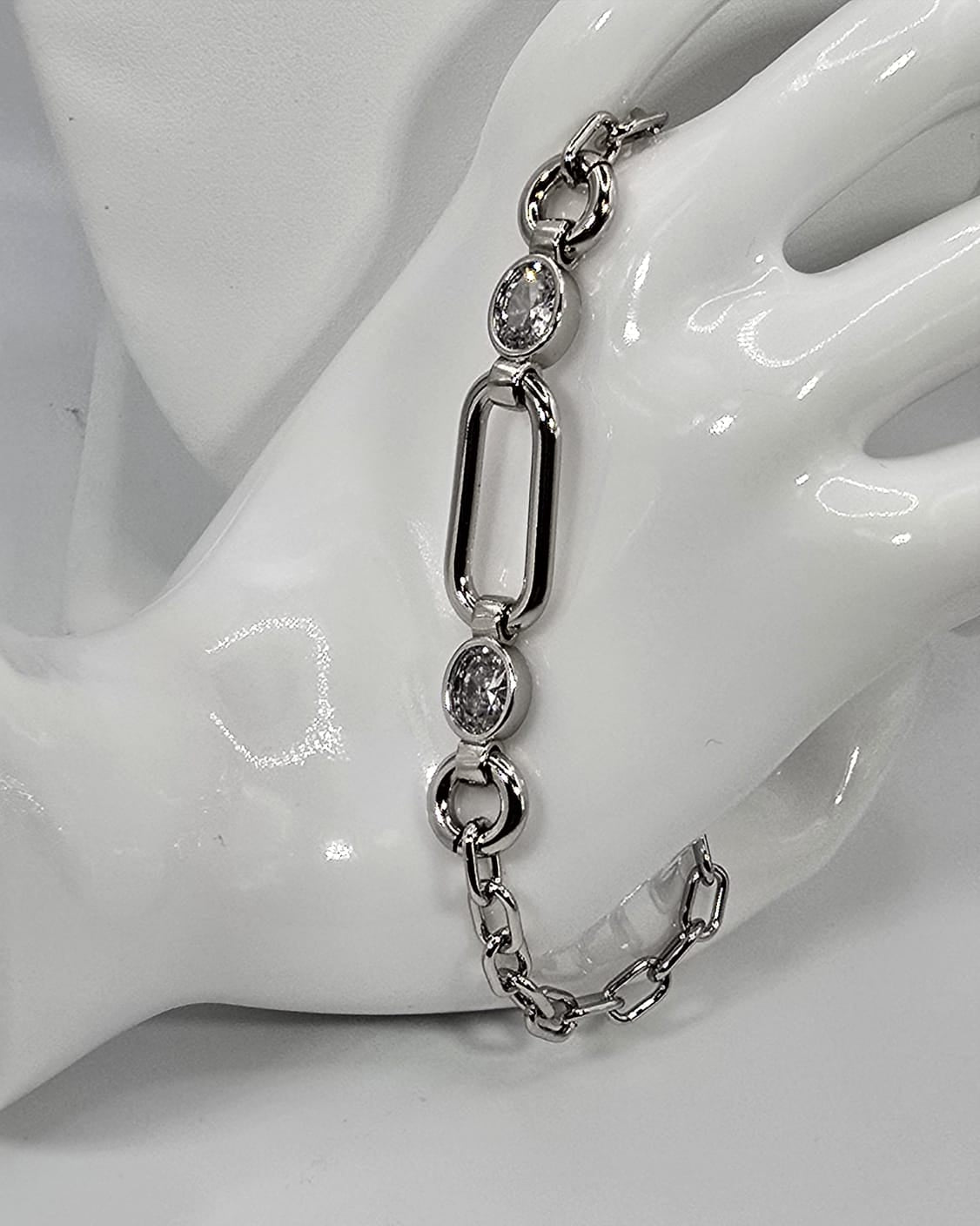 Silver Bracelet for Women Chain-like w/ 2 Diamonds