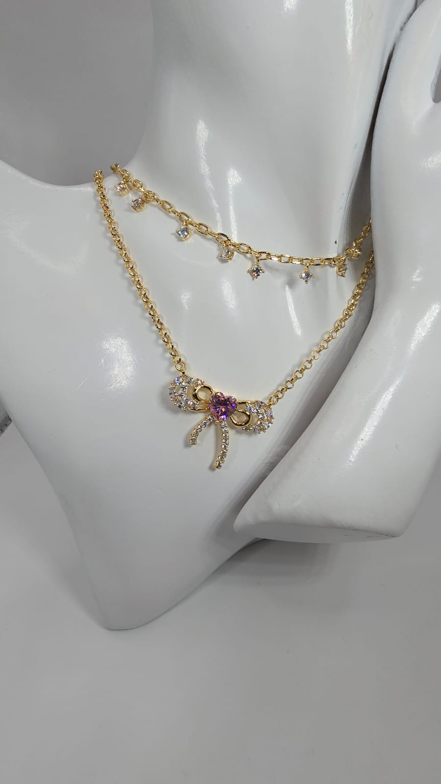 2-Piece Heart and Bow Gold Necklace