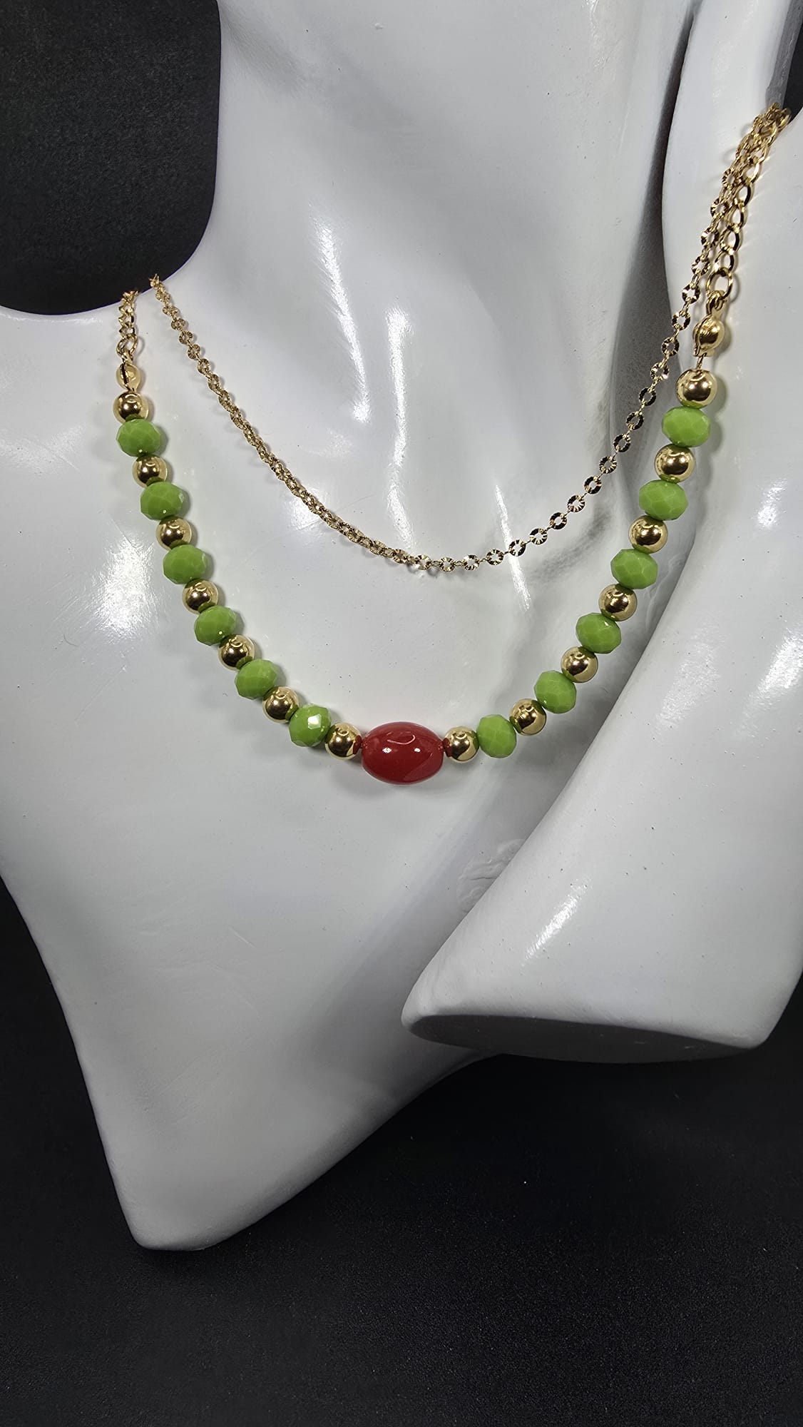 Green Beaded Necklace Stainless Steel